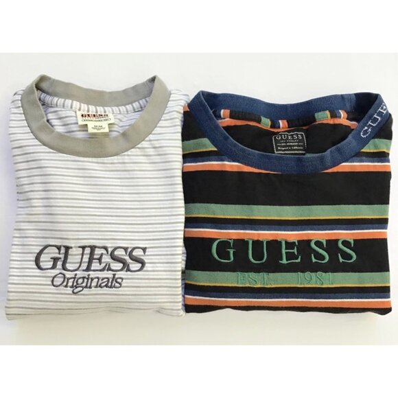 2 Guess Originals T Shirts Mens M White Gray Black Striped Retro Embroidered S/S - Picture 1 of 12